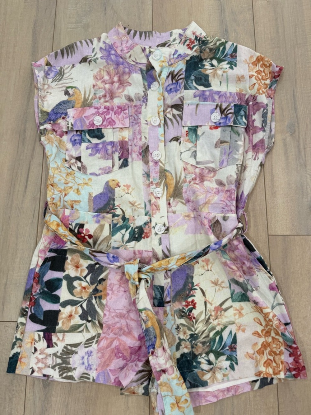 Fate Floral & Parrot Utility Romper - Purple Multi Linen/ Cotton Blend